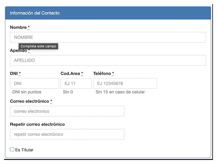 Paso 2 para sacar turno de la VTV en Ciudadela: información del contacto